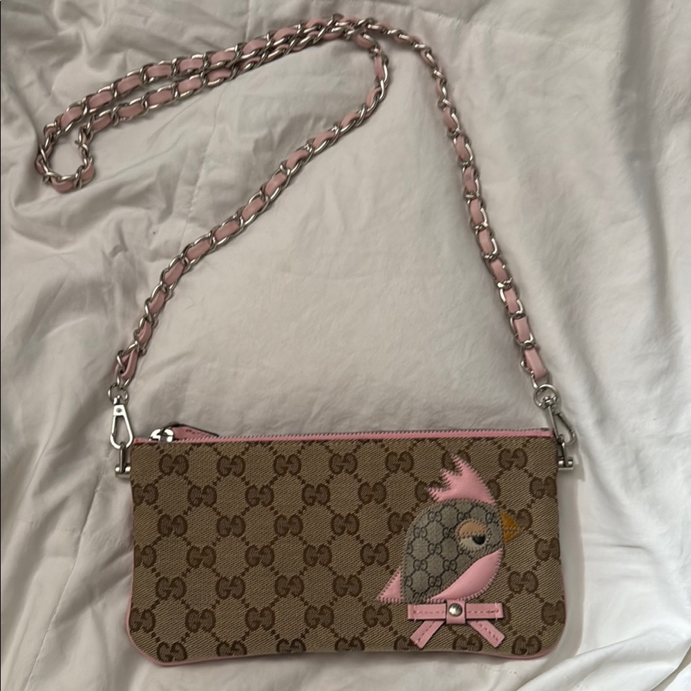 Gucci Brown and Pink Monogram Clutch with Chain or pearl strap